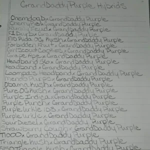 a list of purples on a piece of paper